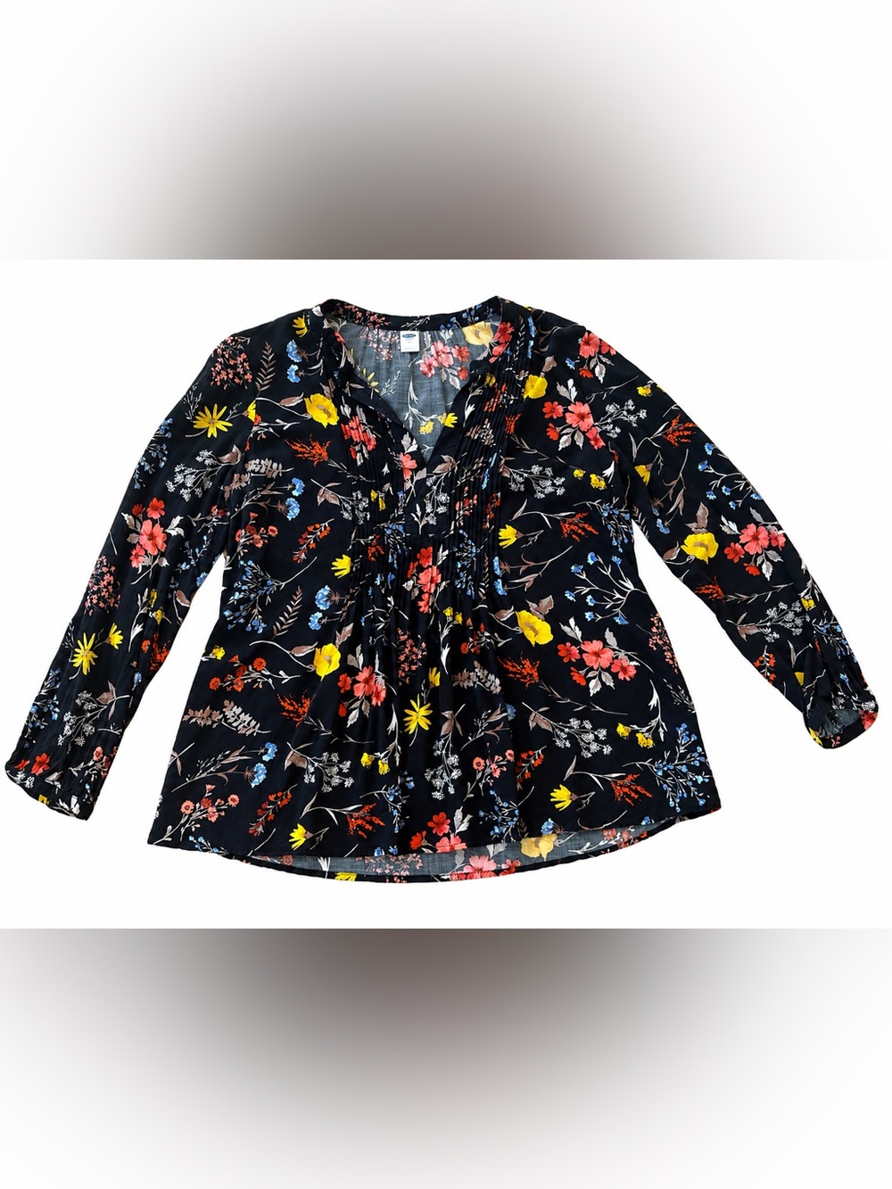 Old Navy Black Floral Pintuck Peasant Blouse Top Women’s Medium Boho Long Sleeve